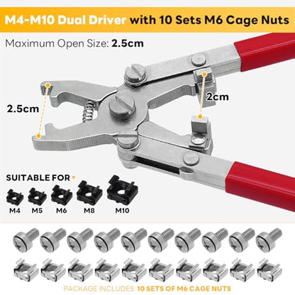 Rotable Cage Nut Tool and 10Sets Rack Screws, Cage Nut Installing/Removing Server Room Rack Side and Top, IT, Data Center, Cabinet, Server Shelves Fixing, Tool for Cage Nut of M4 M5 M6 M8 M10-(Red) - color: 10 Pack Cage Nuts+Red Handle Tool