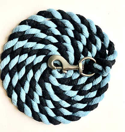 Majestic Ally Pack of 2 Solid Cotton Lead Rope for Horses & Livestock – 10 Foot Long and 5/8 inch Thick - Replaceable Heavy-Duty Satin Bolt Snap – Handmade – Soft, Broken in Feel (Sky Blue - Black) - color: Sky Blue - Black