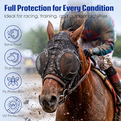 Adjustable Horse Fly Mask with Detachable Blinker, 60% UV Protection - color: Black
