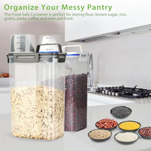 Viretec Rice Airtight Storage Container, 3 to 5Lbs Cereal Dry Food Flour Bin, Pet Dog Cat Food Dispenser with Measuring Cup, BPA Free Clear Plastic Kitchen and Pantry Organization Bin for Sugar - color: 3L/Grey