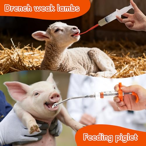 14PCS Lamb and Goat Kid Feeding Tube Kit Included 2 500ml Lamb Feeding Bottles 5 Milk Nipples 2 60ml Syringe with 2 16fr Red Feeding Tube Kit,1 20ML Reusable Goat Syringe with 2 Drench Nozzle (14)