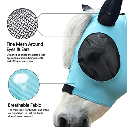 Stretchy Horse Fly Mask with Ears, Large Eye Space Paleblue Full - color: Pale Blue, size: Full