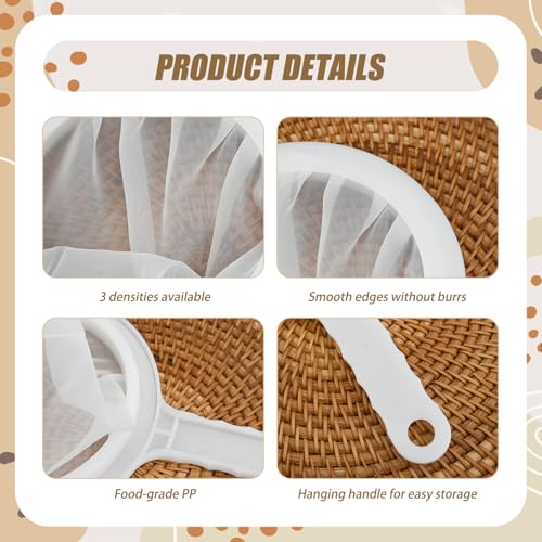 3-Piece Fine Mesh Strainer Set, 400/200/100 Mesh Nylon Sieve with Handle for Tea, Coffee, Nut Milk, Juice, Yogurt, Broth - Reusable, Dishwasher Safe Food Strainers