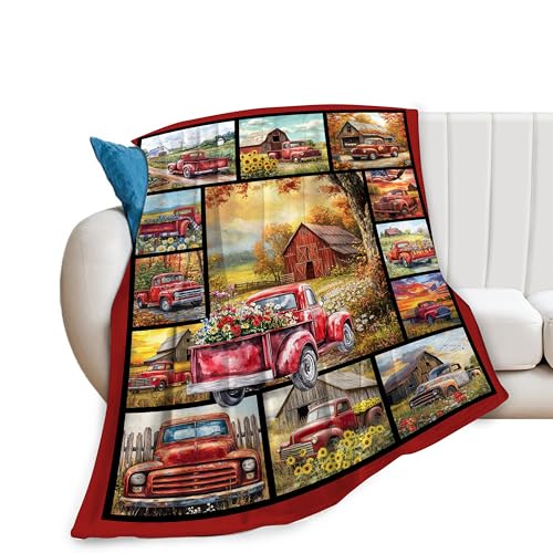 Red Trucks Blanket Gifts for Girls Boys Women Farm Flower Throw Blankets Farmhouse Old Barn Throws Truck Fleece Flannel Soft Lightweight Country Plush Stuff for Kids Men Women Bed Sofa Decor 50"x40" - color: Farm Red Trucks, size: 50"x40" for Kids