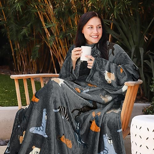 Catalonia Wearable Blanket with Sleeves for Women & Men, Fleece Wrap Throw - color: Gray Dog