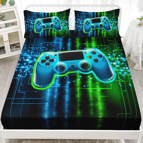 Boys Gamer Sheets Set 4Pcs for Kids,Green Gamepad Printed Sheet Set with 1 Flat Sheet and 1 Fitted Sheet + 2 Pillowcases(Gamepad Queen) - color: Gamepad Black, size: Queen 91x102 inches