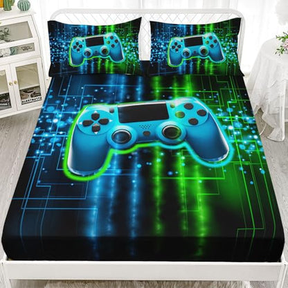 Boys Gamer Sheets Set 4Pcs for Kids,Green Gamepad Printed Sheet Set with 1 Flat Sheet and 1 Fitted Sheet + 2 Pillowcases(Gamepad Queen) - color: Gamepad Black, size: Queen 91x102 inches