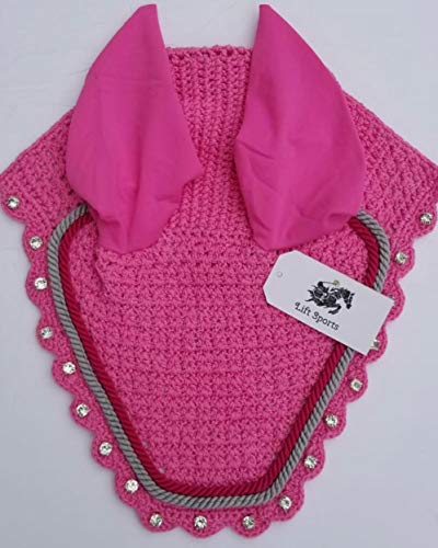 Horse Fly Bonnet with Ears Net Mask Veil with Crystals Blings Hand Made Breathable Cotton Crochet Shows Protect from Bugs and Flies (Full, Black)