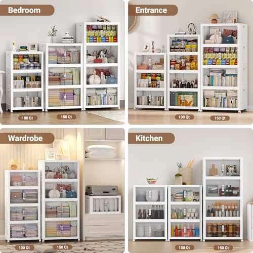 BROVIEW 400QT Large Stackable Storage Bins with Clear Doors, V20 4Pack | 100Gal Plastic Closet Organizer Cabinet with Lid and Wheels, Collapsible Latch Box Folding Drawer for Home, White - size: 100QT-4Pack