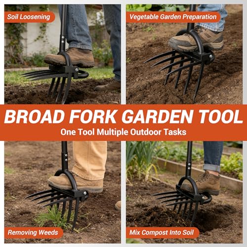 Broad Fork Garden Tool, Heavy Duty 5+4 Sharp Tines BroadFork Hand Tiller Garden Pitchfork with Ergonomic Handles for Spading Digging Fork Gardening Cultivating Composting and Loosening