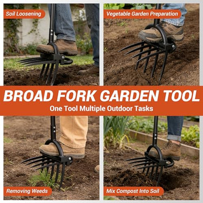 Broad Fork Garden Tool, Heavy Duty 5+4 Sharp Tines BroadFork Hand Tiller Garden Pitchfork with Ergonomic Handles for Spading Digging Fork Gardening Cultivating Composting and Loosening