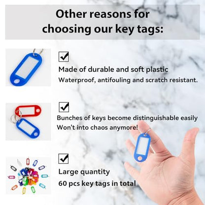 Sukh 60pcs Key Ring Tags - Plastic Key Tags with Labels and Split Rings