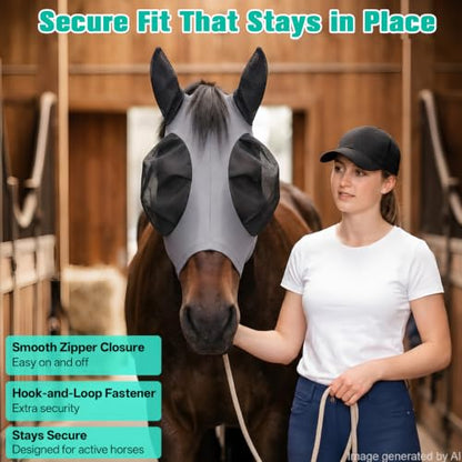 3D Stretch Mesh Horse Fly Mask with Ears (Grey, COB) - color: Grey, size: COB