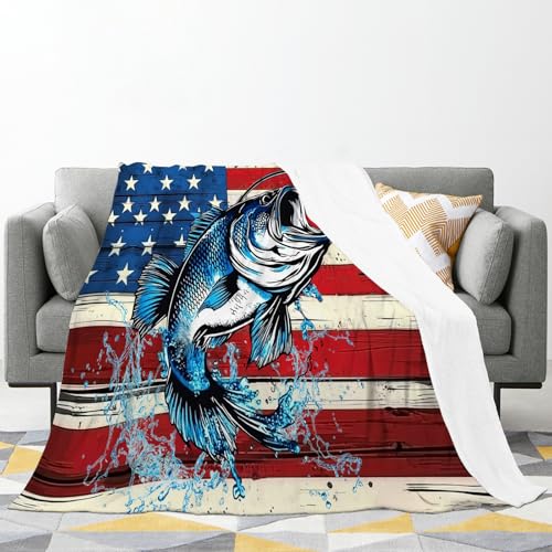 Bass Fish Blanket American Flag Fishing Throw Blanket 60"x50" - color: Bass Fish, size: 60"x50"