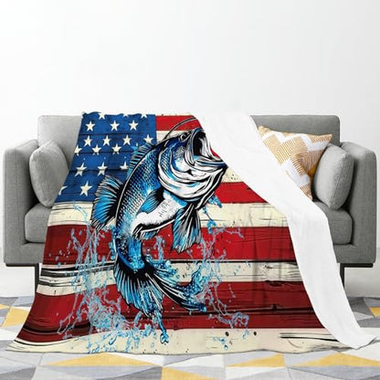 Bass Fish Blanket American Flag Fishing Throw Blanket 50"x40" - color: Bass Fish, size: 50"x40"