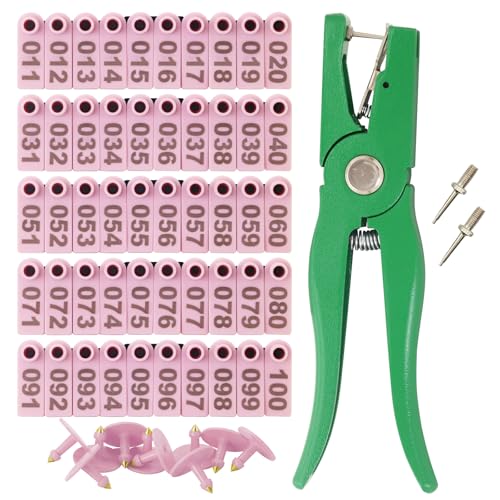 Sheep Goat Ear Tags Numbered 001-100 Plastic with Applicator Plier Tool | Livestock Ear Tags with 2 Ear Tag Pins for Sheep Goats Hogs Pigs Farm Animal Tracking Identification (Pink, 001-100) - color: Pink, size: 001-100