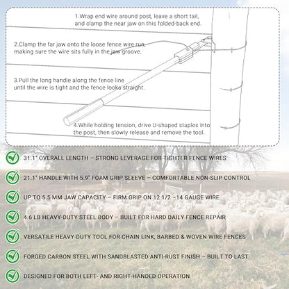 Fence Barbed Wire Stretcher Tool, Heavy-Duty Wire Tensioner & Repair Tool for Barbed, Smooth & Electric Fence Wire, Easy One-Person Operation for Farm, Ranch & Garden Projects