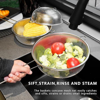 Metal Fine Mesh Strainer and Colander for Kitchen with Handle, Stainless Steel Pasta Strainer/Kitchen Funnel/Collander/Sifter for Strain/Wash Vegetables, Fruits, Spaghetti, Rice (8.6＂) - size: 8.6＂