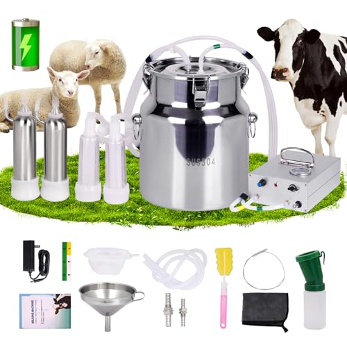 PKNYBZN 2-in-1 Cow & Goat Milking Machine, 8L 304 Stainless Steel Buckets | Rechargable Electric Automatic Pulsation Vacuum Milker Machine, Adjustable Suction for Cows and Goats