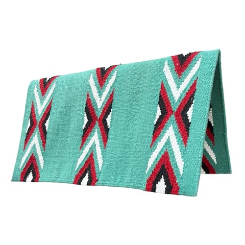 Majestic Ally Western Saddle Blanket, Canyon Diamond Design, New Zealand Wool, Handwoven Horse Tack, 36x34 Inches - color: Turquoise Red