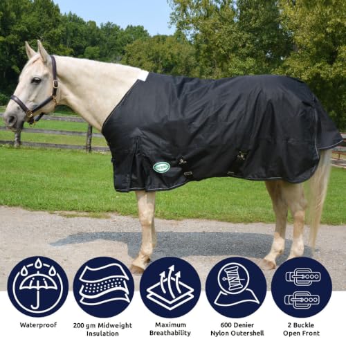 Country Pride Glacier 600D Rip-Stop Midweight Turnout Blanket, Waterproof Breathable Horse Blanket, 200g Insulation, Shoulder Gussets, Adjustable Leg Straps, Dual Surcingles, Storm Flap (74) - size: 74