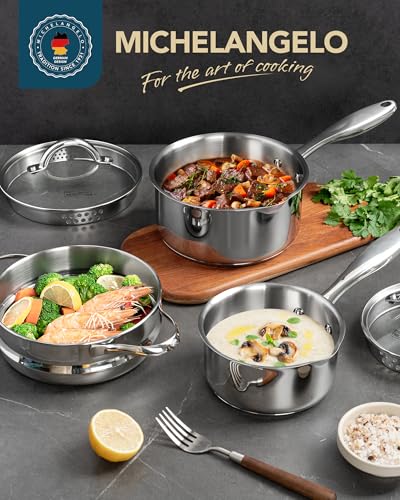 MICHELANGELO 18/10 Stainless Steel Saucepan Set with Steamer, 1QT & 2QT - size: 1+2QT