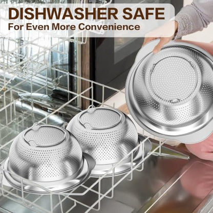 Stainless Steel Strainers for Kitchen, Stainless Steel Colander, Kitchen Strainer for Pasta Fruit Veggie Hot Food, 2 Pack Strainers and Colanders(2QT & 3QT), Dishwasher Safe, Silver - size: 2+3QT