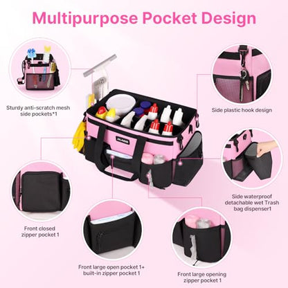 JKAOO Large Wearable Cleaning Caddy Bag with Handles, Pink | Adjustable Shoulder & Waist Straps, Removable, Waterproof Tote for Cleaning Supplies, Home, Car, Office - color: Pink