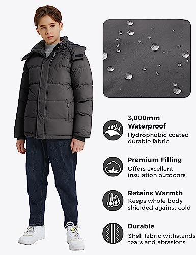 wantdo Boys Puffy Winter Coats Fleece-Lined Snow Jackets Removable Hood | Elastic Cuffs, Hook-and-Loop Collar, Windproof, Machine Washable - color: Dark Gray, size: 8-9