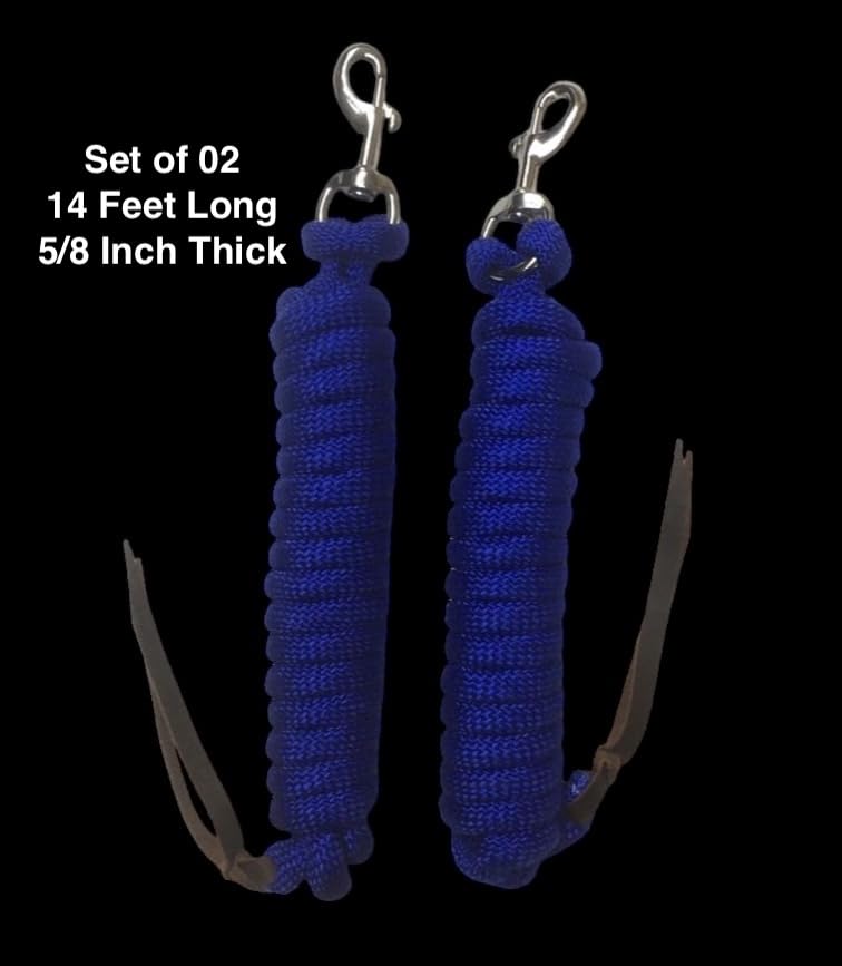 Majestic Ally 14' Pack of 2 Poly Training Lead Rope with Leather Popper for Horses & Livestock – 14 Foot Long and 5/8 inch Thick - Replaceable Heavy-Duty Bolt Snap (Royal Blue) - color: Royal Blue