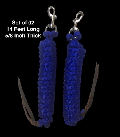 Majestic Ally 14' Pack of 2 Poly Training Lead Rope with Leather Popper for Horses & Livestock – 14 Foot Long and 5/8 inch Thick - Replaceable Heavy-Duty Bolt Snap (Royal Blue) - color: Royal Blue