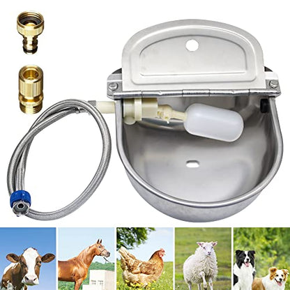 Automatic Livestock Waterer, 304 Stainless Steel with Float Valve, Animal Watering Bowl for Dogs, Horses, Goats, Cattle, Pigs & Chickens, Wall & Ground Mount, Includes 3/4" Adaptor & Water Pipe