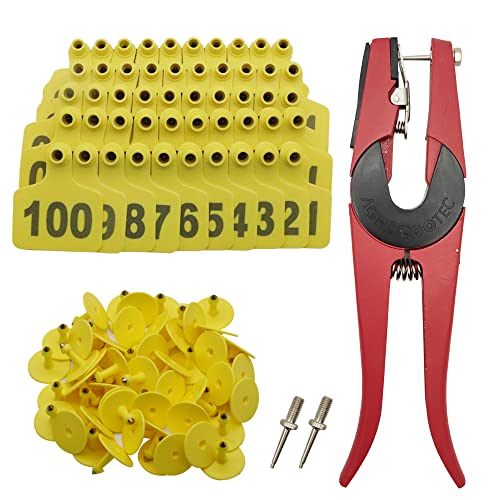 Cattle Ear Tags 201-300, 100Pcs Plastic Livestock Ear Tag for Cows Goats Sheep Pigs with Pliers Applicator & 2 Pins, Animal ID Tags for Ranch Farm Herd Tracking, Laser Print (201-300, Yellow) - color: Yellow