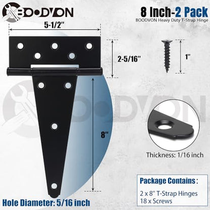 8 Inch T-Strap Gate Hinges, Shed Barn Door Hinges Heavy Duty, Black Tee Hinges for Wooden Fences, Yard Gate, Wrought Hardware Iron Rustproof (2Pack/Set) - size: 8 Inch