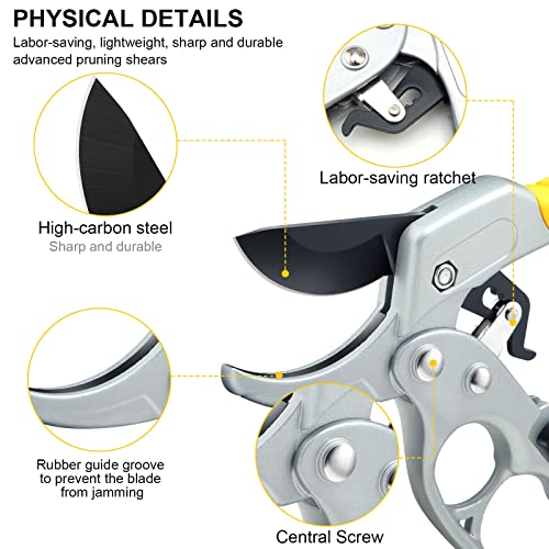 Germany Pruning Shears For Gardening, Arthritis Weak Hand Snips, 4x cutting power trimming, 1-Inch Cut Capacity Garden Clippers, Ergonomic handle, Rust resistant, high strength steel, Sharp - style: Yellow