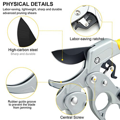 Germany Pruning Shears For Gardening, Arthritis Weak Hand Snips, 4x cutting power trimming, 1-Inch Cut Capacity Garden Clippers, Ergonomic handle, Rust resistant, high strength steel, Sharp - style: Yellow