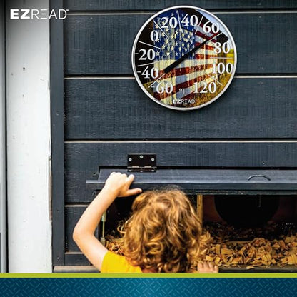 EZREAD Hanging Dial Thermometer 840-1232 Weather Thermometers for Indoor and Outdoor Use, Large 12.5 Inch Diameter, Easy to Read Numbers, American Flag on Barn - color: USA Barn
