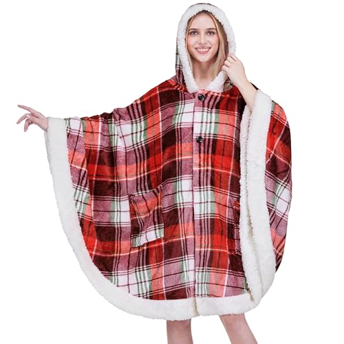PAVILIA Hooded Blanket Poncho Fleece Wearable Shawl Wrap Throw Tartan Plaid | Fleece Shawl Wrap with Hood, Adult Wearable Blanket, Cozy Warm Poncho Cape Throw with Pockets, Gift for Elderly Mom - color: Tartan Plaid