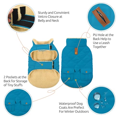 Queenmore Waterproof Dog Winter Coat Warm Puffer Jacket Plush Lining Vest - color: Blue, size: X-Small