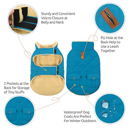 Queenmore Waterproof Dog Winter Coat Warm Puffer Jacket Plush Lining Vest - color: Blue, size: X-Small