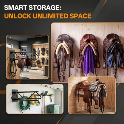 4 Pack Wall Mounted Saddle Racks with Pad Bar,Heavy Duty Black Saddle Rack, Sturdy Saddle Rack for British Western Saddles, Blankets and Racks