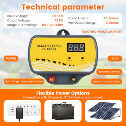 120‑Acre Electric Fence Charger, 12V 12KV 2J Pulse Generator