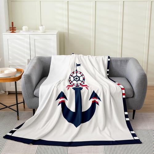 Homewish Sea Nautical Flannel Blanket,Anchor Boat Rudder Fleece Blankets,Kids Teens Adult Men Modern Blue Black Stripes Lines Fleece Blanket Grey Navy Office Chair Bedroom Decor,30"×40" - color: Anchor, size: Baby