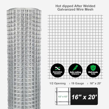 Hardware Cloth 16'' x 20' 1/2 in Galvanized Wire Mesh Roll (19 GA) Chicken Wire Fence Roll for Chicken Pen/coop Fences, Screen mesh, Rabbit/Snake Fences, Poultry enclosures, Handicraft Making, etc. - size: 16In x 20Ft