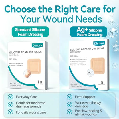 Dimora Silicone Foam Dressing Silver Ag Sterile Wound Bandage with Gentle Silicone Adhesive Border 4"x 4" Waterproof Breathable Ultra Absorbent Pads - size: 4" x 4" Ag(5 PCS)