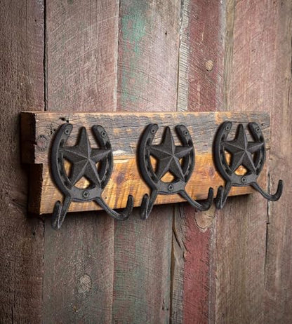 JUXYES Heavy Duty Cast Iron Western Horseshoe Star Hat Hook with 2 Hanger - size: 4 Pack