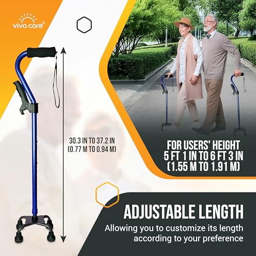 Walking Cane with 4 Prongs and Extra Side Handle – Adjustable, for Balance & Stability for Adults, Seniors, and Injured. - color: Blue