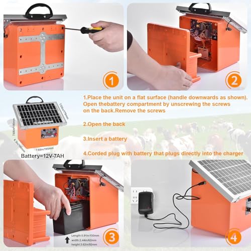Solar Electric Fence Charger, 20 Miles 7.5W 0.5J for Livestock