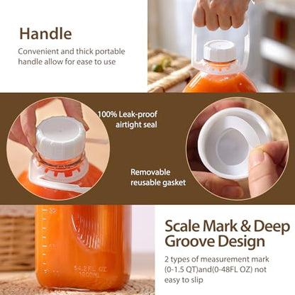 CUCUMI 1 Pack 64 Oz Glass Milk Bottle with Lid | 2 Qt /0.5 Gal Glass Juice Bottles for Almond Milk, Oat/Nut Milk with Exact Scale Lines Handle Extra 1 Silicone Dispenser Cap - color: 1pc-64oz