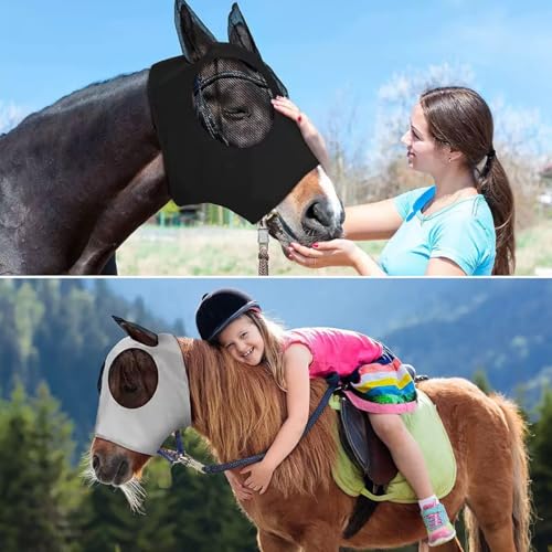 Super Comfort Stretchy Horse Fly Mask 2 Pcs Long Nose with Ears Space with UV Protection Soft on Skin with Breathability (Blue, Black - Full Size)